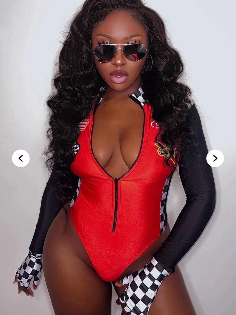 Fashion Nova Red & Black Racer-Style Long Sleeve One-Piece